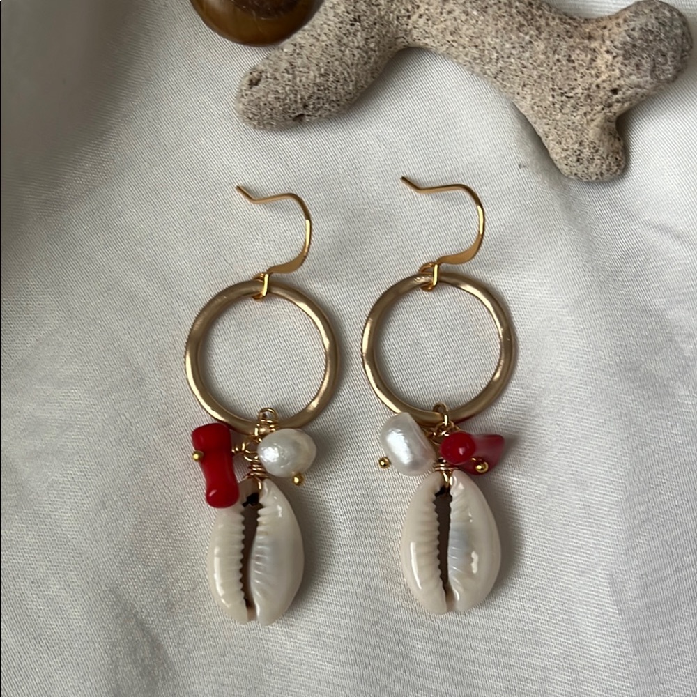 Hand Crafted Red Coral and fresh water pearl Shell Earrings. Golden